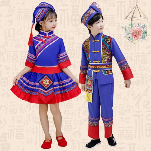 children Girls boys blue red colored chinese hmong Miao folk dance costumes ethnic minority dance costumes Zhuang Dong yao yi performance clothes